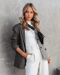 MIOU-001 Gemini Mixed Plaid Pocketed Blazer - Brown - FINAL SALE