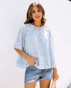 ENC-001 Get Obsessed Floral Textured Babydoll Blouse - Light Blue
