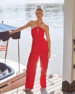 SUGA-001 Gigi Halter Pocketed Wide Leg Jumpsuit - Red