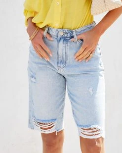 FLYI-001 Haley High Rise Distressed Denim Bermuda Shorts - Light Wash