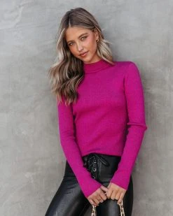 ON T-001 Tanya Mock Neck Knit Long Sleeve Top - Fuchsia - FINAL SALE