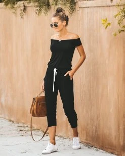 OLIV-001 Weekend Worthy Pocketed Drawstring Jumpsuit - Black - LAST CHANCE