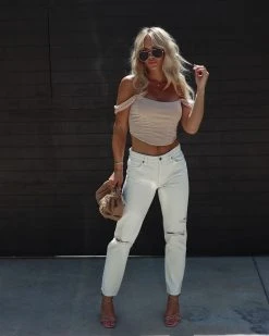 HIDD-002 Mita High Rise Distressed Straight Jeans - Cream