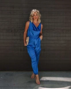 DO+B-001 Maryanne Satin Cowl Neck Cargo Jumpsuit - Cobalt