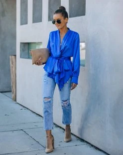 DO+B-001 Motivation Satin Drape Wrap Blouse - Cobalt Blue - FINAL SALE