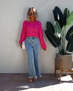 GILL-001 Elisa Knit Crochet Long Sleeve Top - Pink