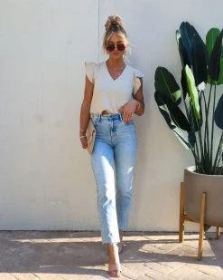 MIOU-001 Vera Cruz Cotton Flutter Sleeve Top - Taupe - SALE