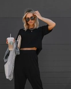 ALL-001 Tristan Knit Short Sleeve Top - Black - FINAL SALE