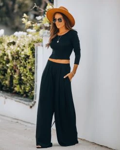 BY T-001 Hermosa Ribbed Long Sleeve Crop Top - Black - FINAL SALE