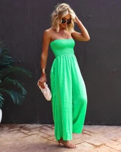 BUCK-001 Wynwood Smocked Strapless Pocketed Jumpsuit - Green - SALE