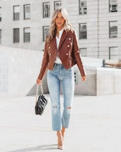 BAGA-001 Impress Me Much Pocketed Faux Leather Blazer - Chocolate - FINAL SALE