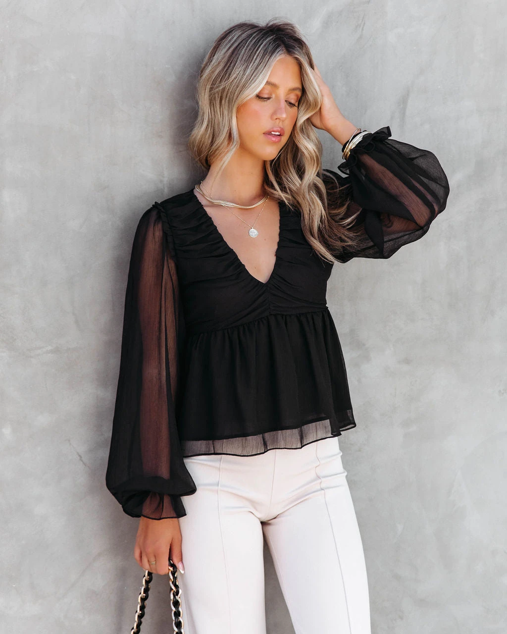 BLU-001 Into The Night Drape Chiffon Top - Black - FINAL SALE