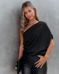 DO+B-001 Janay Satin One Shoulder Drape Blouse - Black