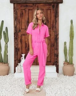 SKIE-001 Janice Cotton Pocketed Jumpsuit - Hot Pink - SALE