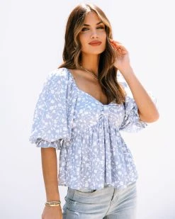 BUCK-001 Jenesis Floral Babydoll Top - Light Blue
