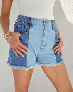 KANC-001 Jessica Two Tone High Waisted Frayed Hem Jean Shorts