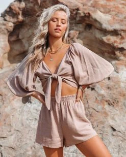 CHRY-001 Johan Linen Blend Tie Front Crop Top - Mocha - LAST CHANCE