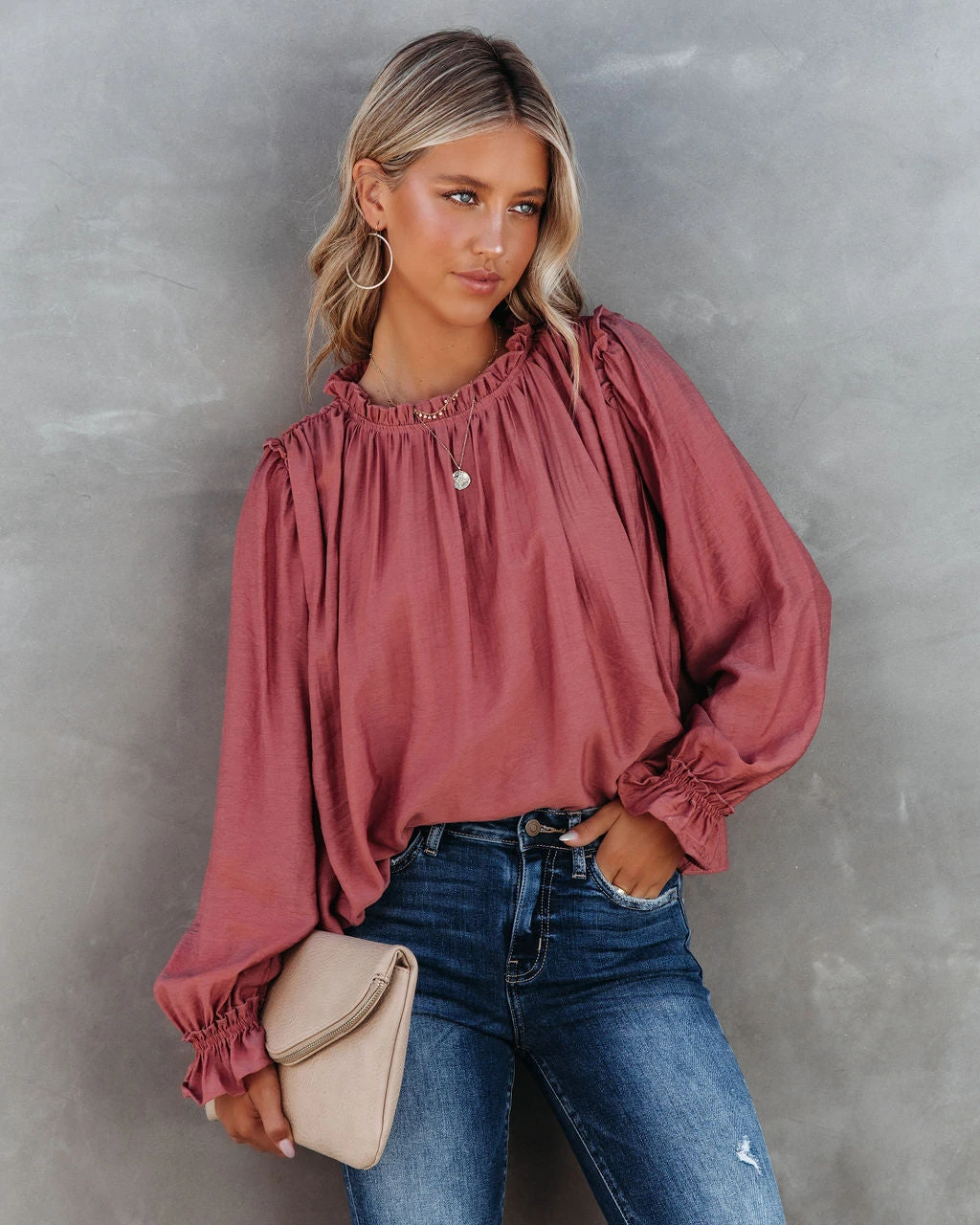 &MER-001 Quinn Crinkle Ruffle Sleeve Top - Dusty Clay - FINAL SALE