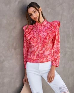 OLIV-001 Kamila Floral Cotton Ruffle Button Down Top - Pink/Orange - FINAL SALE