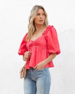 ENDL-001 Kenzie Cotton Babydoll Puff Sleeve Top - Coral - FINAL SALE