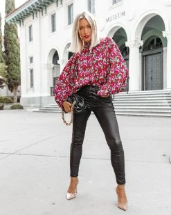 SUGA-001 Kourt Printed Balloon Sleeve Top - FINAL SALE