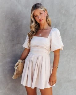 MUST-001 Look Away Pocketed Puff Sleeve Romper - Natural - FINAL SALE