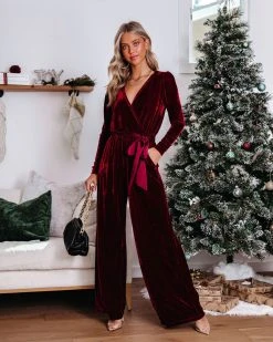 SALT-001 Love One Another Velvet Pocketed Cutout Back Jumpsuit - Wine - FINAL SALE