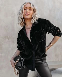 FATE-001 Magical Wonder Velvet Button Down Top - Black