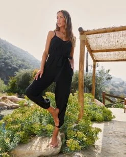 HYFV-001 Maureen Cotton Pocketed Waist Tie Jumpsuit - Black