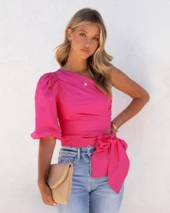 OLIV-001 Mella Cotton One Shoulder Top - Hot Pink - FINAL SALE