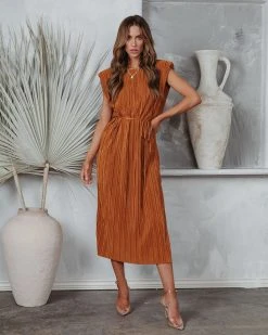 LUSH-001 Modern Day Disco Plisse Padded Shoulder Midi Dress - Cognac - SALE