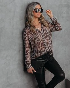 DRES-001 Monroe Tiger Print Button Down Blouse - FINAL SALE