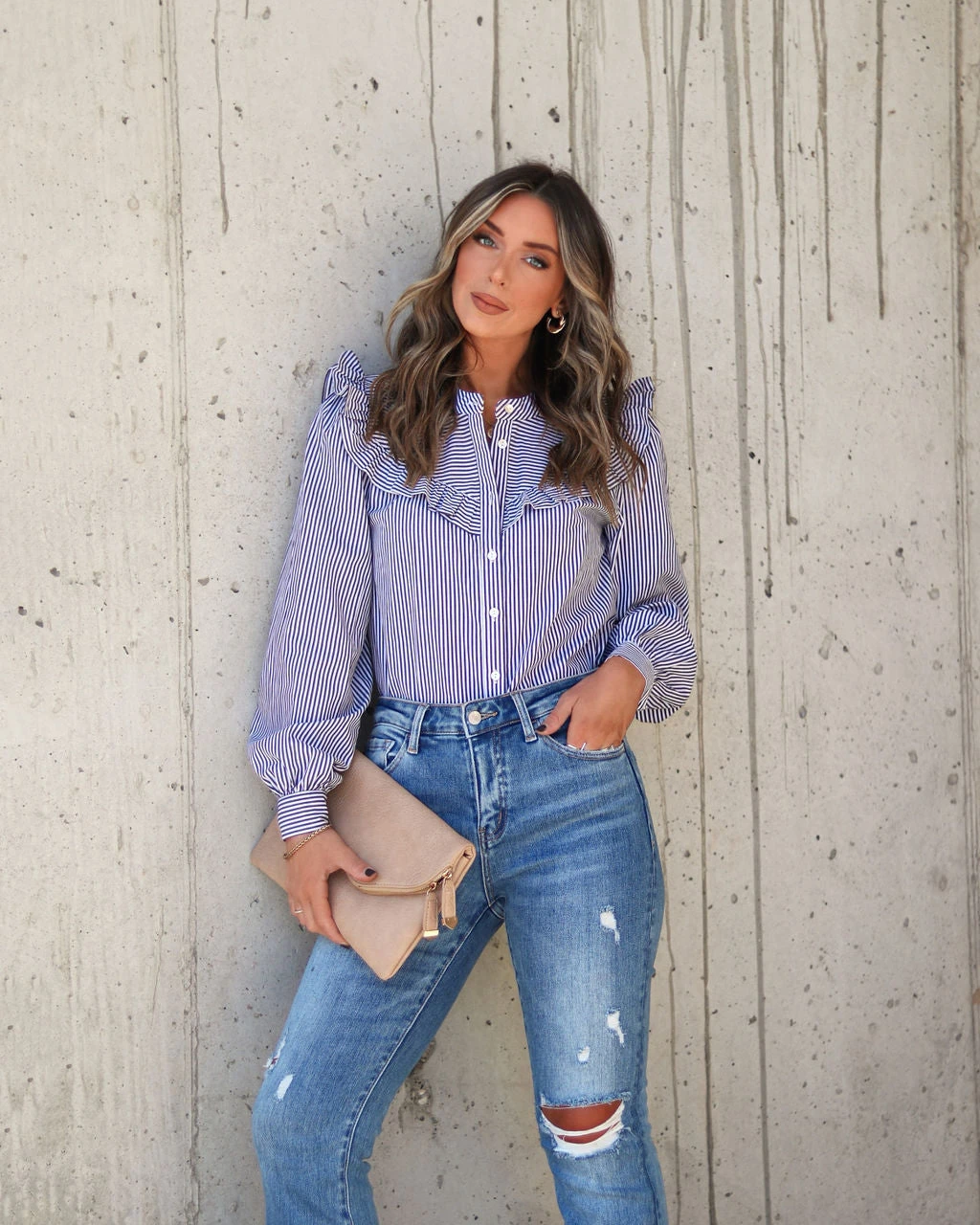 BLUE-001 9 To 5 Cotton Ruffle Stripe Button Top - FINAL SALE - Image 3