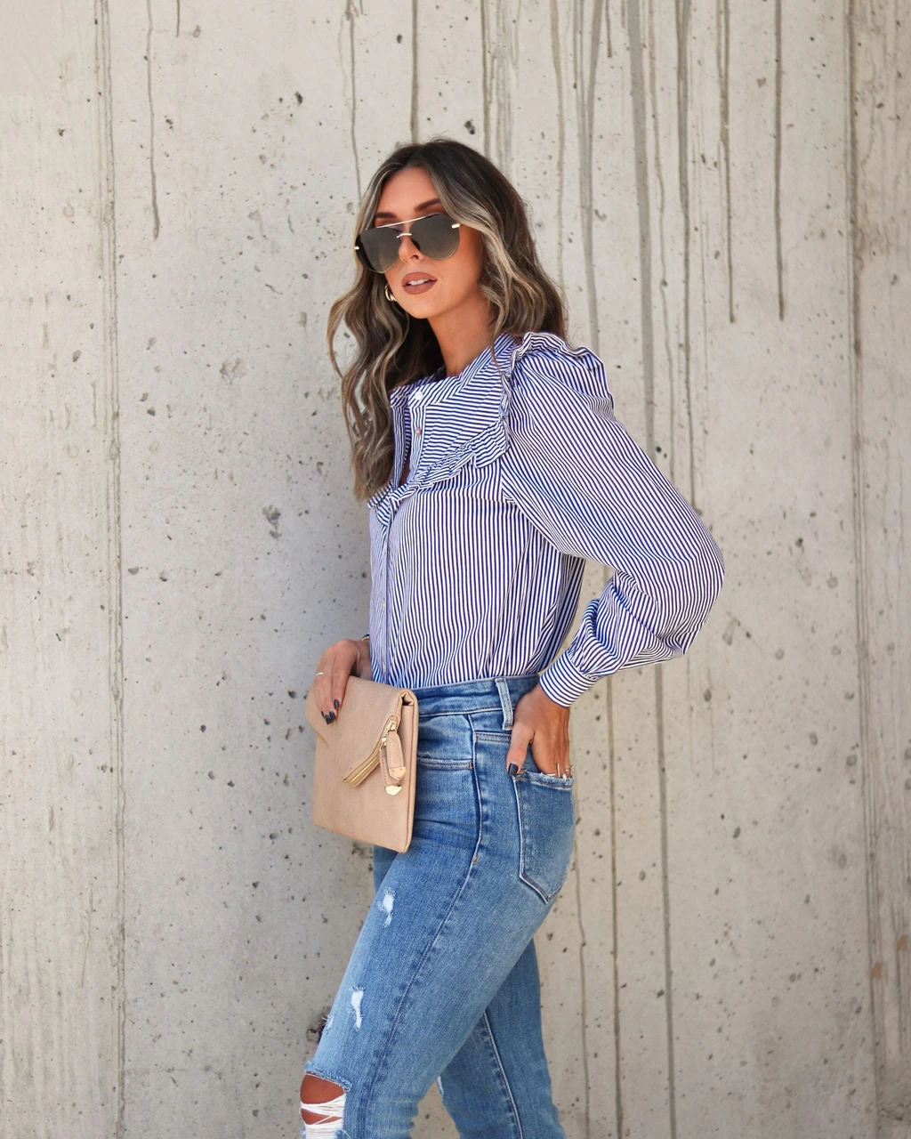 BLUE-001 9 To 5 Cotton Ruffle Stripe Button Top - FINAL SALE - Image 5