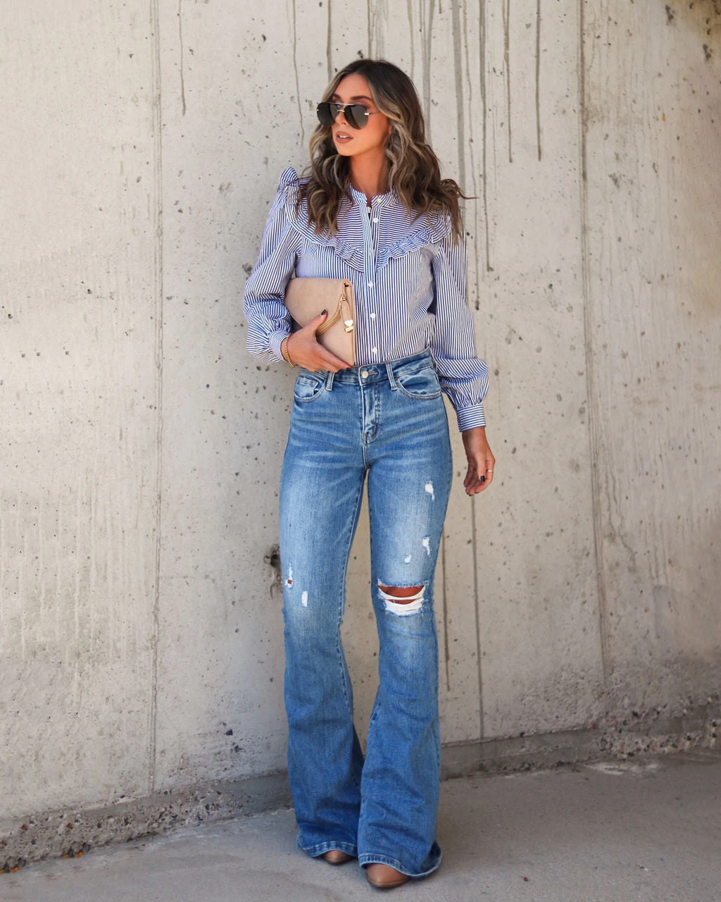 BLUE-001 9 To 5 Cotton Ruffle Stripe Button Top - FINAL SALE - Image 6