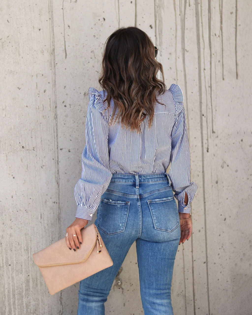 BLUE-001 9 To 5 Cotton Ruffle Stripe Button Top - FINAL SALE - Image 4