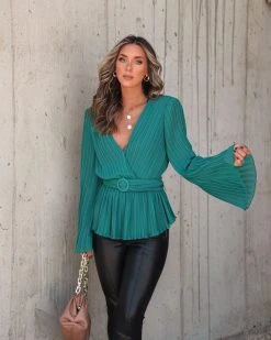 SALT-001 Everything And More Pleated Belted Blouse - Hunter Green - FINAL SALE