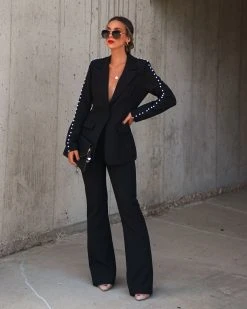 SHOP-001 Michella Pocketed Pearl Blazer - Black - FINAL SALE