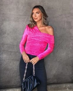 AEOM-001 Malibu Queen Textured Velvet Off The Shoulder Top - Hot Pink - FINAL SALE