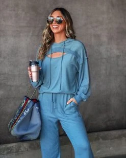 CHRY-001 Hudson Brushed Cozy Cutout Hoodie - Blue Grey - FINAL SALE