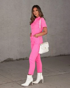 FORE-001 Whitley Cotton Blend Pocketed Jumpsuit - Hot Pink - FINAL SALE