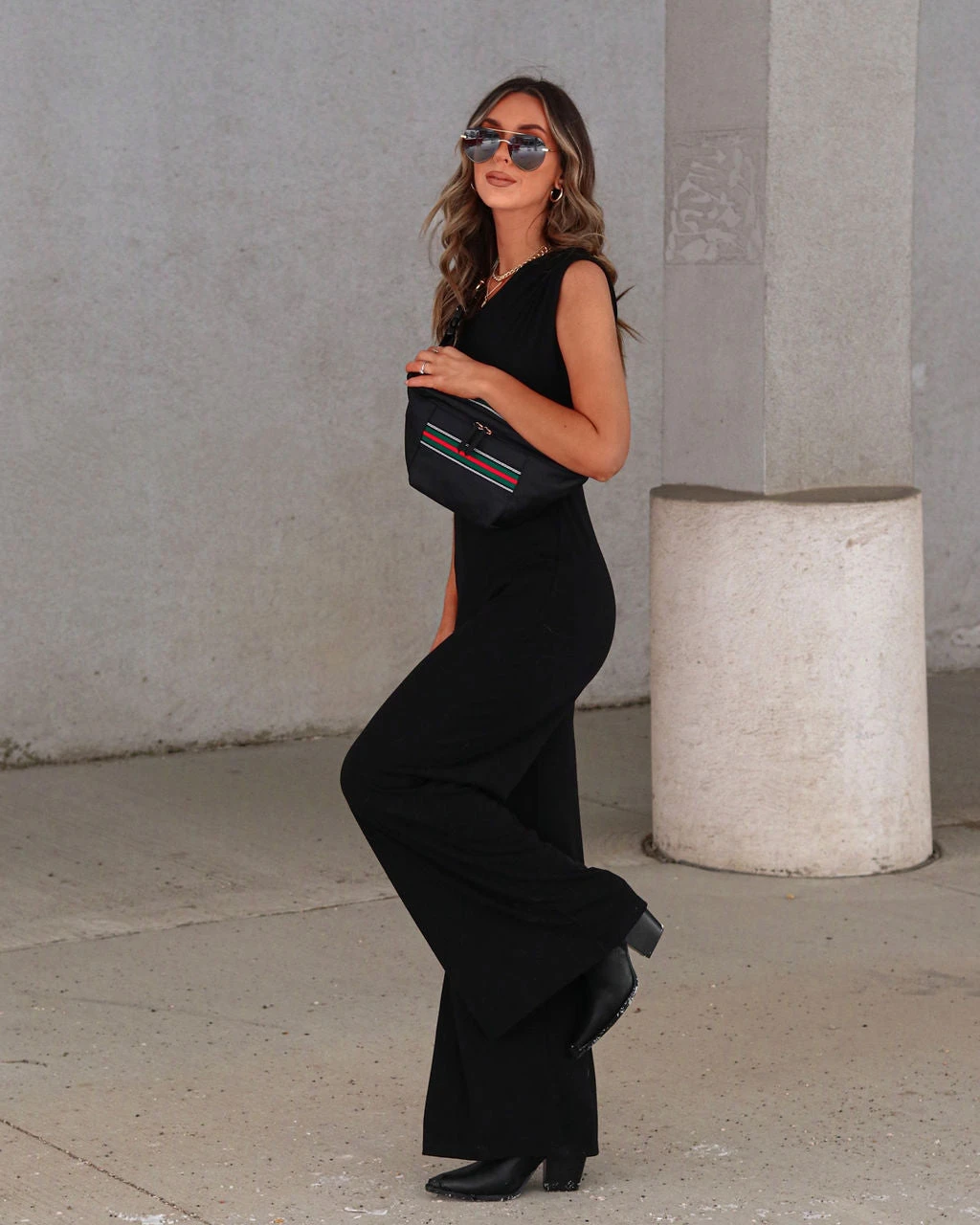 LUSH-001 Kyle Asymmetrical Neck Wide Leg Jumpsuit - Black - FINAL SALE - Image 5