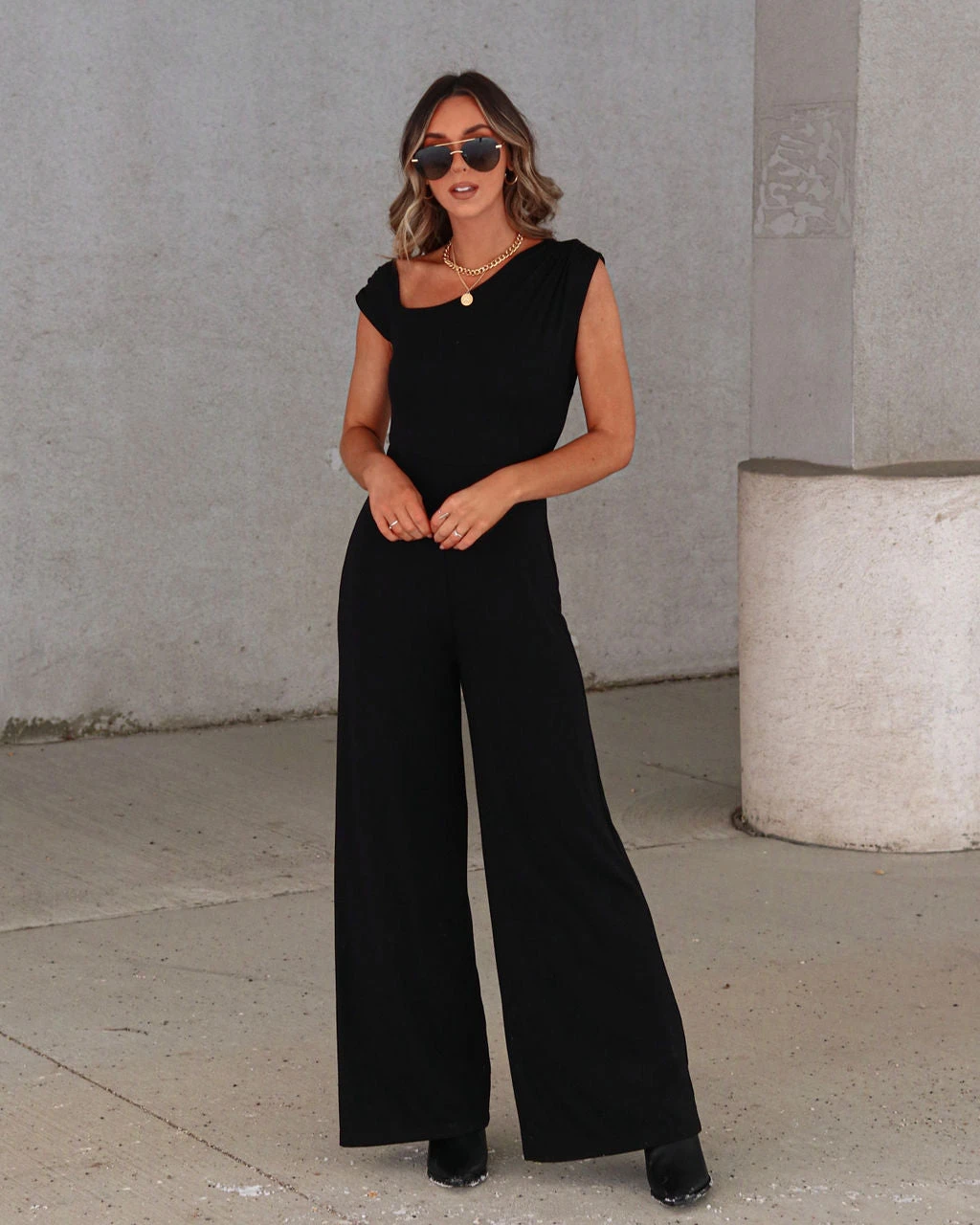 LUSH-001 Kyle Asymmetrical Neck Wide Leg Jumpsuit - Black - FINAL SALE