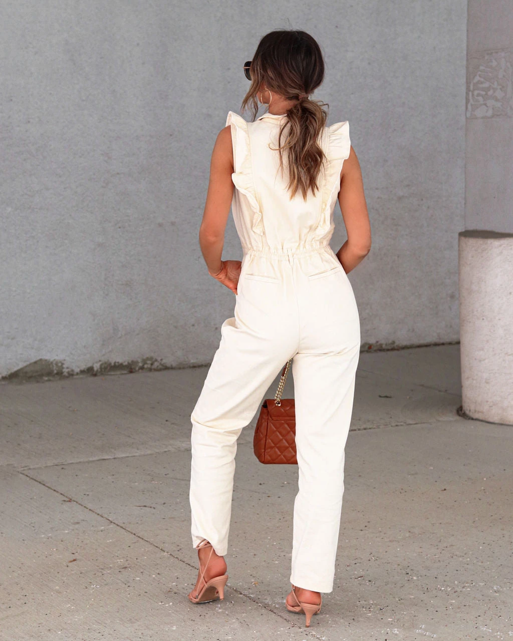 STRU-001 Always A Vibe Cotton Blend Pocketed Ruffle Jumpsuit - Ecru - FINAL SALE - Image 4