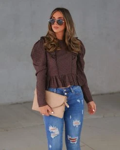 OLIV-001 Dustin Eyelet Ruffle Puff Sleeve Top - Chocolate - SALE
