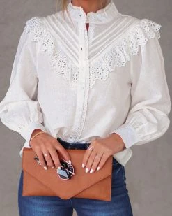 FATE-001 Jaelynn Eyelet Cotton Linen Blend Top - White - SALE