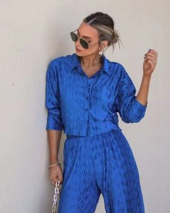 BLUE-001 Show Off Girl Satin Crinkle Button Up Top - Blue - FINAL SALE