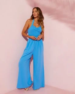 LUMI-001 Dovie Smocked Halter Jumpsuit - Blue