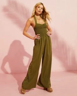 LUMI-001 Dovie Smocked Halter Jumpsuit - Olive