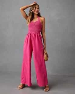 LUMI-001 Dovie Smocked Halter Jumpsuit - Pink